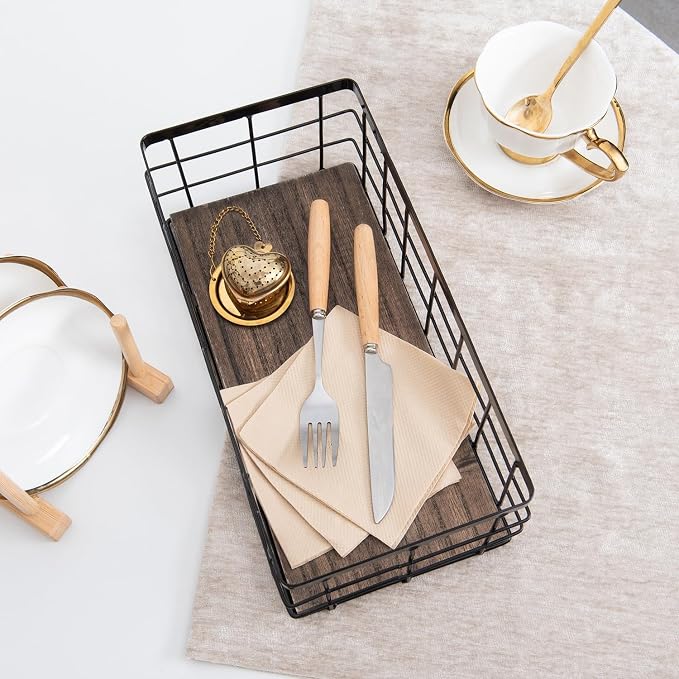ROSE BLOOM Small Metal Wire Storage Basket, Decorative Wood Base Organizer Bins - Image 7