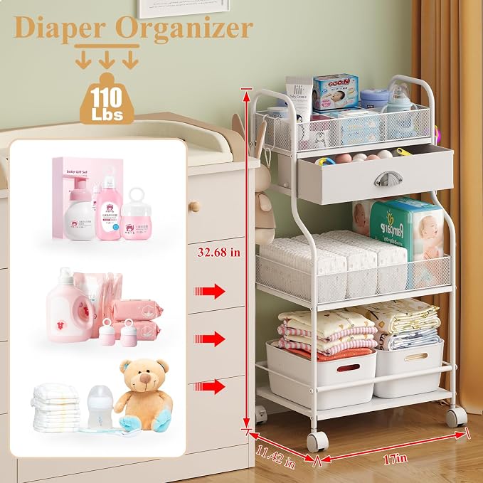 Baby Diaper Caddy Cart Organizer -3 Tier, Bedside Nursery Essentials Cart & - Image 2