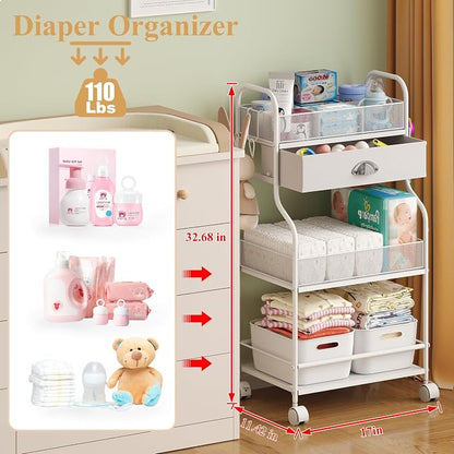 Baby Diaper Caddy Cart Organizer -3 Tier, Bedside Nursery Essentials Cart & - Image 2