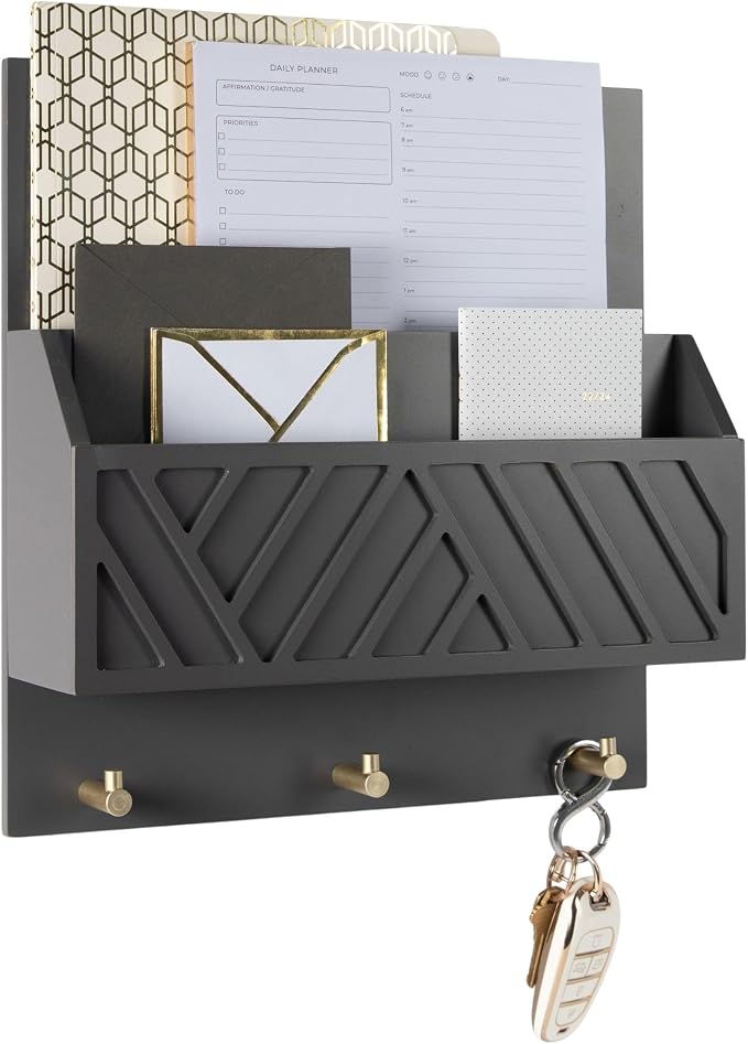 BLU MONACO | Wall-Mounted Mail and Key Holder in Grey Wood | Two-Tier Mail by Blu_Monaco