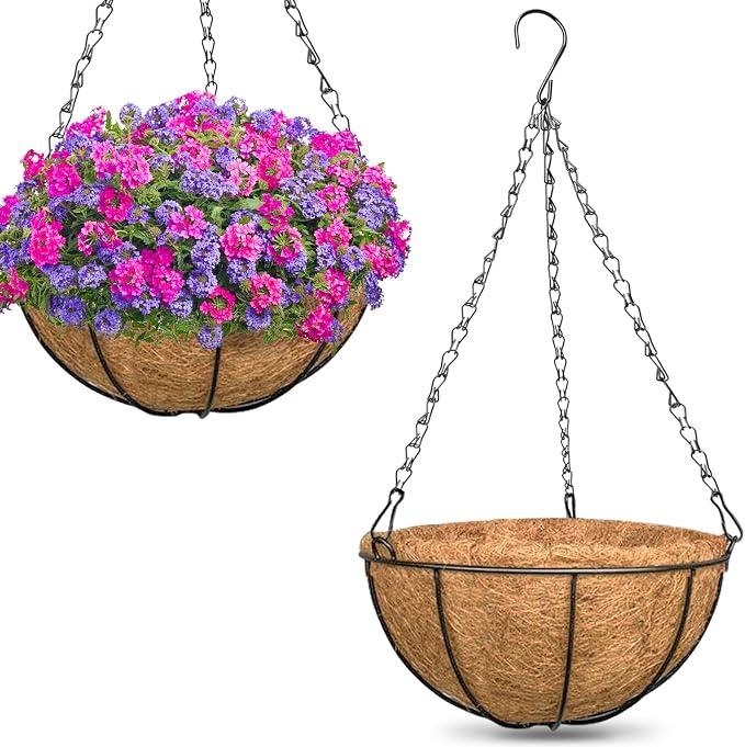 2 Pack 14 Inch Hanging Baskets for Plants Outdoor, Metal Wire Round Planters by ZeeDix