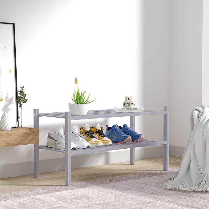2 Tier Bamboo Shoe Rack for Closet Free Standing Wood Shoe Shelf for Entryway - Image 7