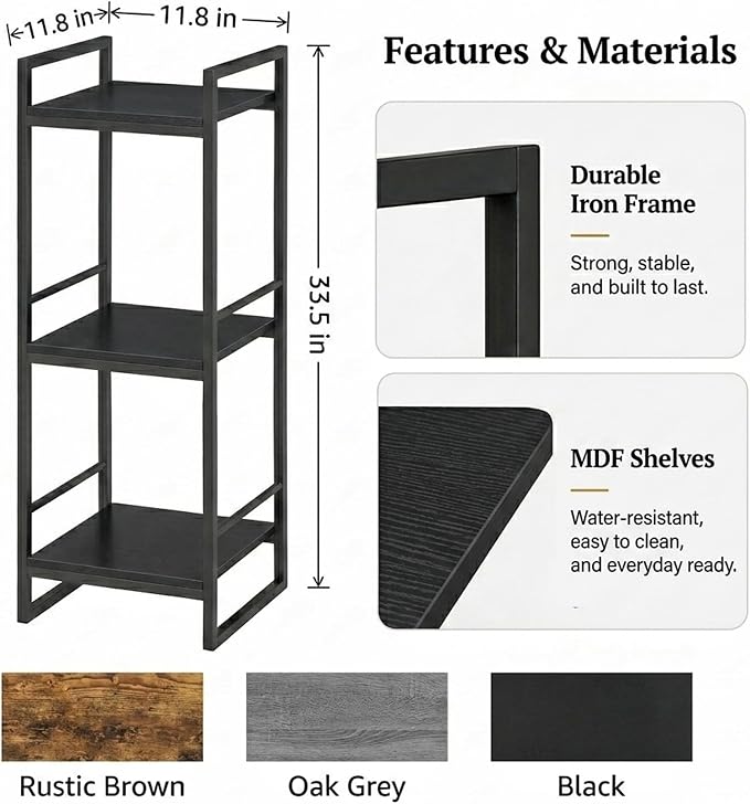 BYFU 3 Tier Bathroom Storage Open Shelf Black Metal Corner Storage Rack | 33.5" - Image 3