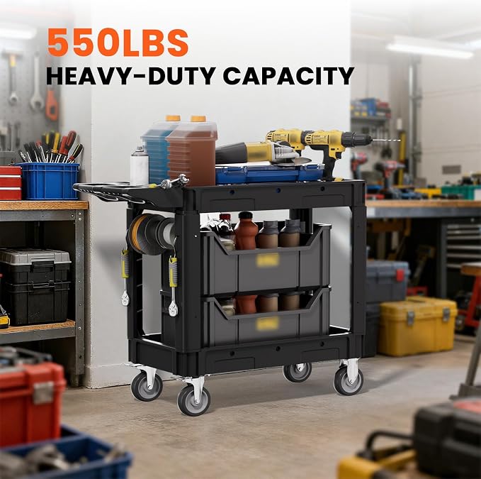 2 Tier Plastic Rolling Utility Cart on Wheels, Heavy Duty Tool Cart - Image 4