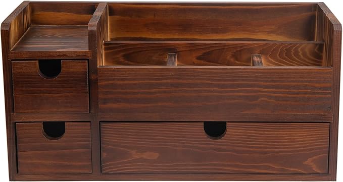 Rustic Brown Wooden Desktop Organizer Drawers Removable Office Supplies Torched - Image 4