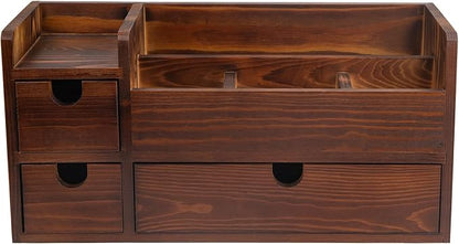 Rustic Brown Wooden Desktop Organizer Drawers Removable Office Supplies Torched - Image 4