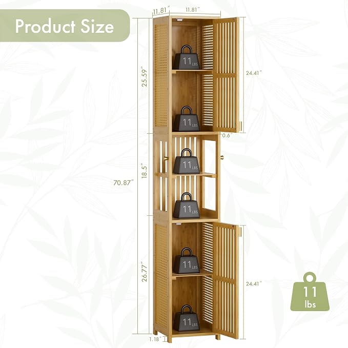 Amazer 70'' Tall Bathroom Storage Cabinet Bamboo, Slim Storage Cabinet - Image 2