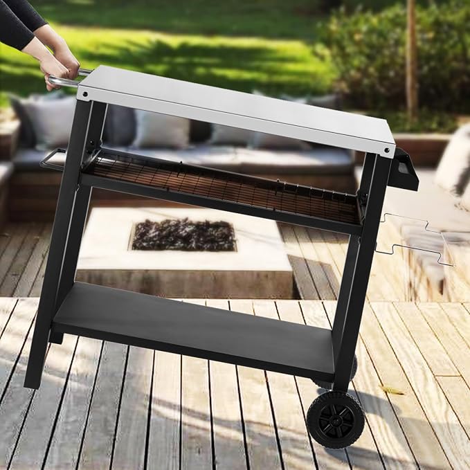 Grill Cart Table with Three Shelf, Movable Outdoor Dining Cart Pizza Oven Stand - Image 3
