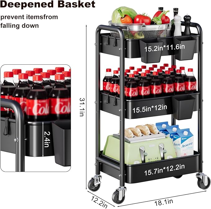 3 Tier Rolling Cart Metal with Wheels, Storage Utility Trolley Carts - Image 8