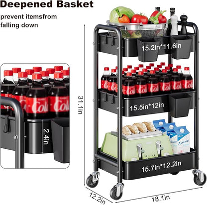 3 Tier Rolling Cart Metal with Wheels, Storage Utility Trolley Carts - Image 8