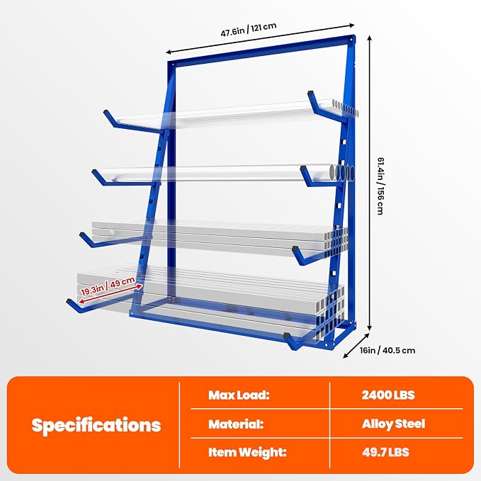 48x16x62'' Heavy Duty 4 Tiers Horizontal Lumber Storage Rack, 2400lbs Load - Image 2