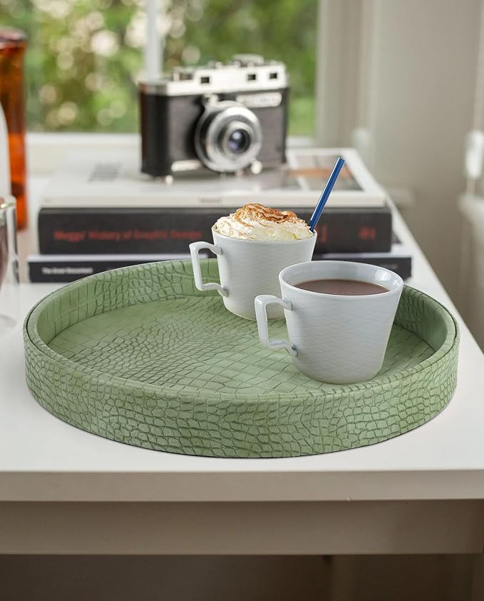 HofferRuffer Faux Leather Round Serving Tray, Vegan Croco Leather Decorative - Image 9