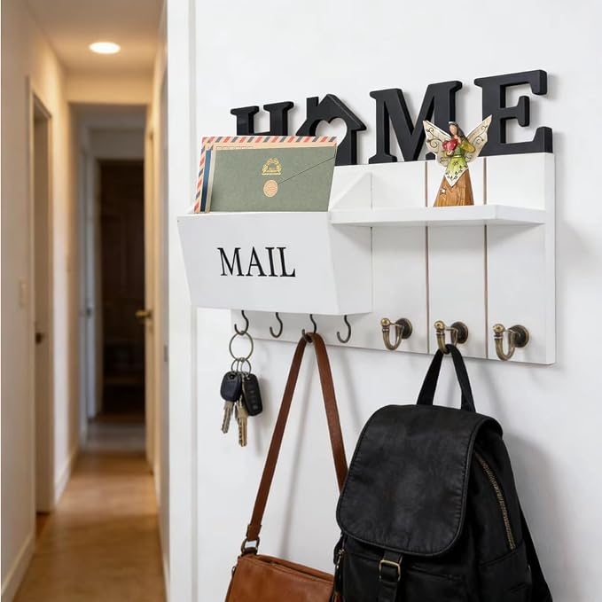 Rustic Wall Key Holder with Shelf & Hooks - Image 4