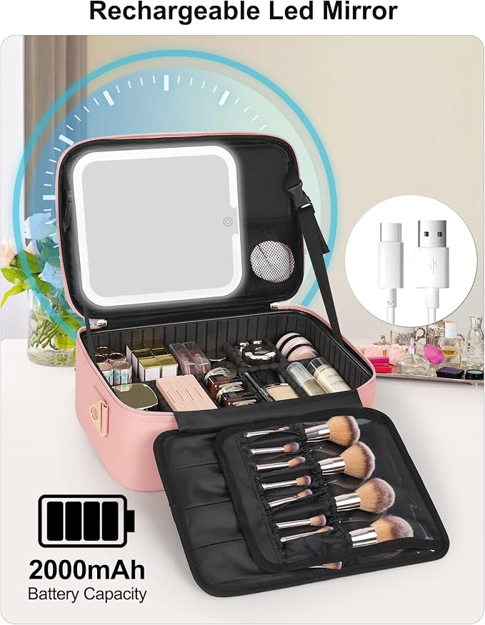 Relavel Travel Makeup Bag With LED Mirror, Portable Pink Cosmetic Case | - Image 4