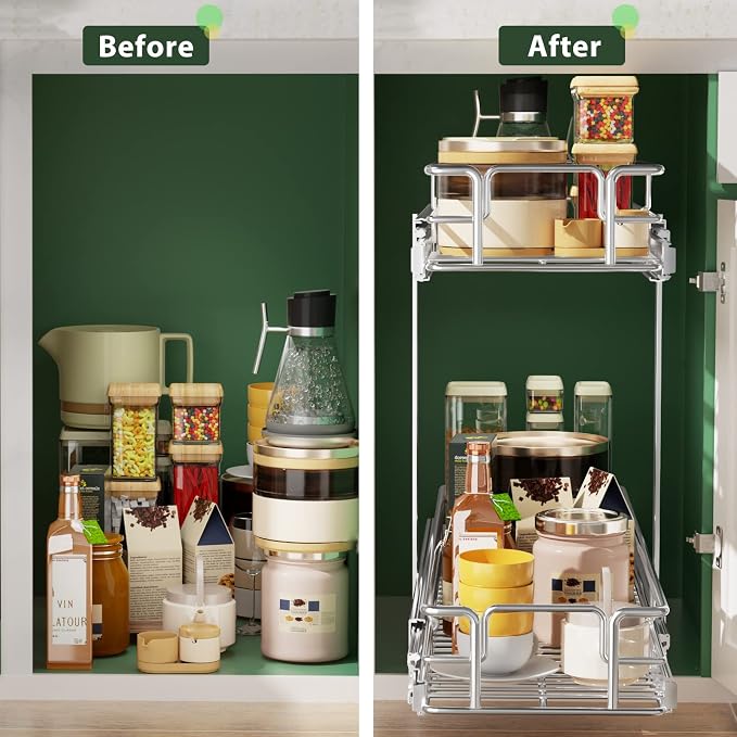 LOVMOR 2 Tier Individual Pull Out Cabinet Organizer 9" W x 21½" D, Slide Out - Image 7