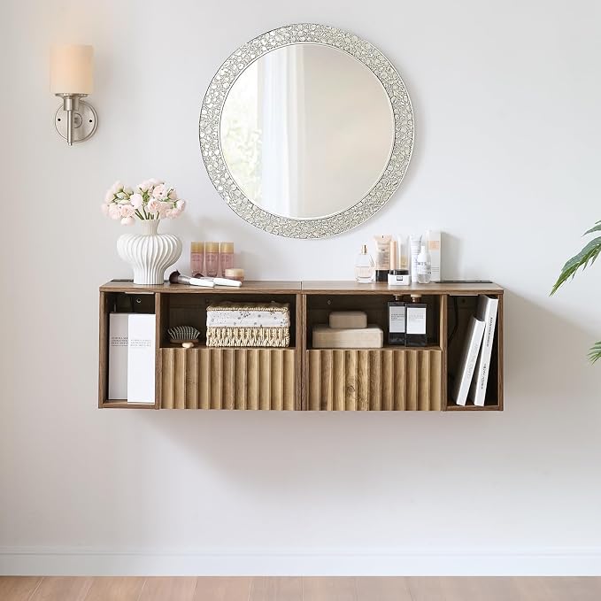 Modern Rustic Brown Fluted Floating Nightstand - Image 7