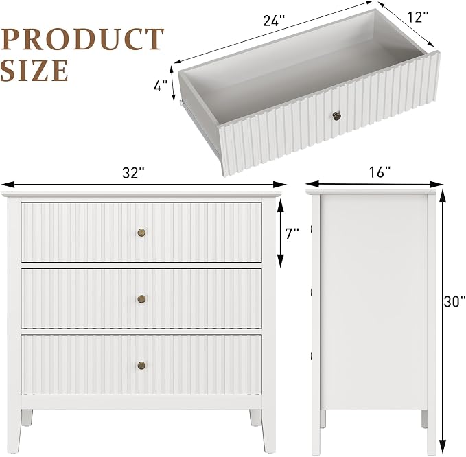 RoyalCraft Large 3 Drawer Dresser Set of 2, Fluted Wood Chest of Drawers - Image 2