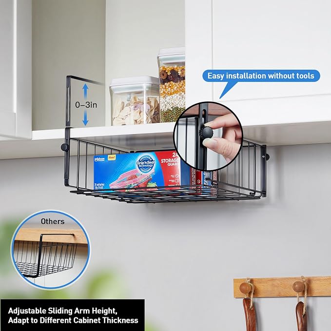 2 Pack Hanging Under Shelf Storage Basket, Adjustable Under Cabinet Add-on - Image 2