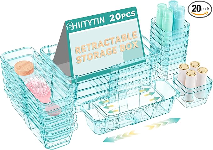 20 Pcs Adjustable Clear Drawer Organizer, Extendable Vanity Storage Bins by Hiitytin