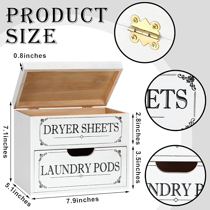 Tatuo Dryer Sheet Holder with Hinged Lid Farmhouse Dryer Sheet Dispenser Rustic - Image 3