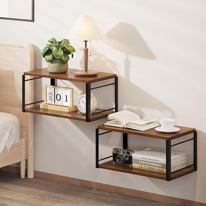 Floating Nightstand Wall Shelf, Wood Bedside Shelf Wall Mounted Nightstand Set by NANAGIFTREE