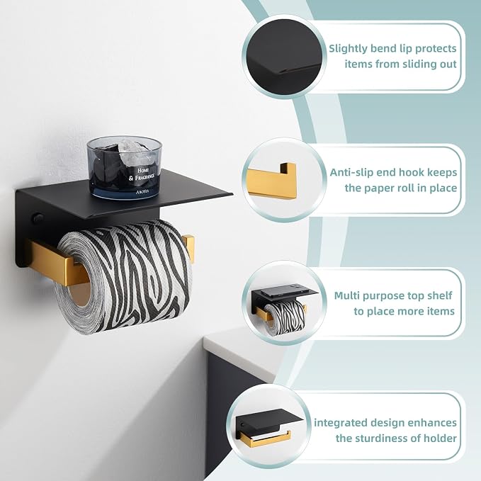 Toilet Paper Holder with Phone Shelf Black & Gold, APLusee 304 Stainless Steel - Image 5