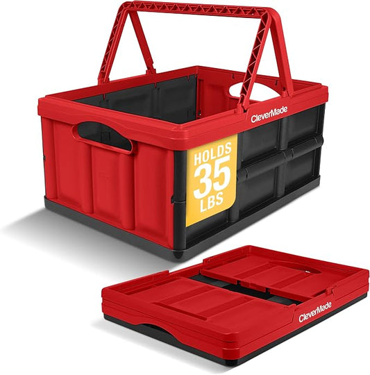 CleverMade Collapsible Shopping Basket, Recycled Plastic, while top and side by CleverMade