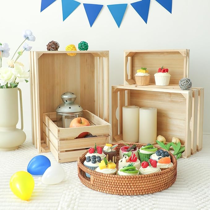 Large Wooden Crates Unfinished Set of 4 Storage Crates, Decorative Wood Storage - Image 5