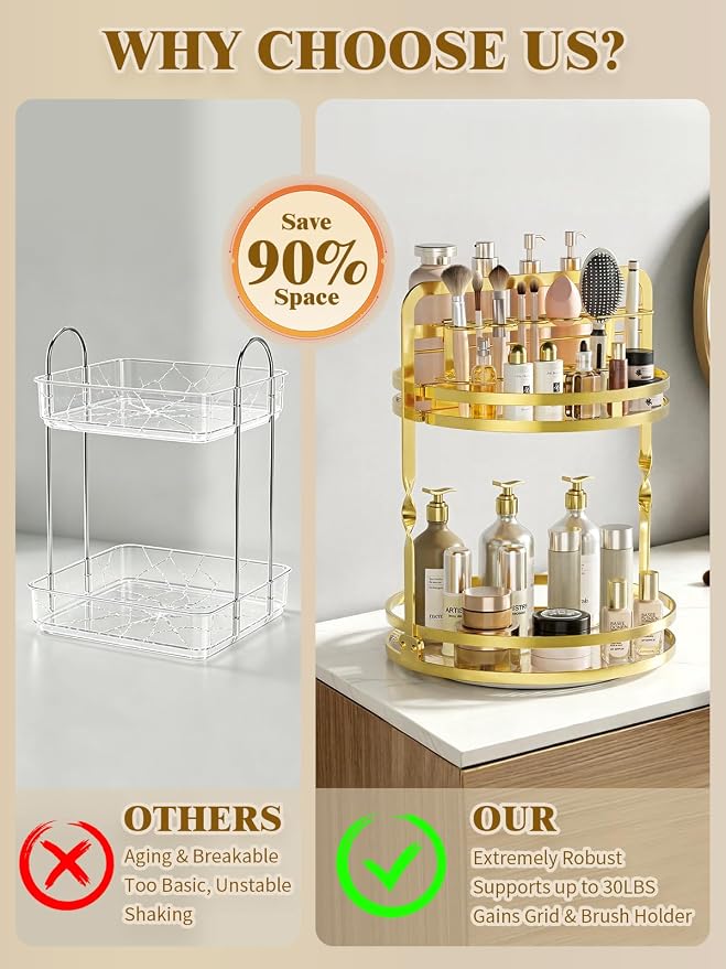 360° Rotating Makeup Organizer, 2-Tier Gold Perfume Organizer - Image 7