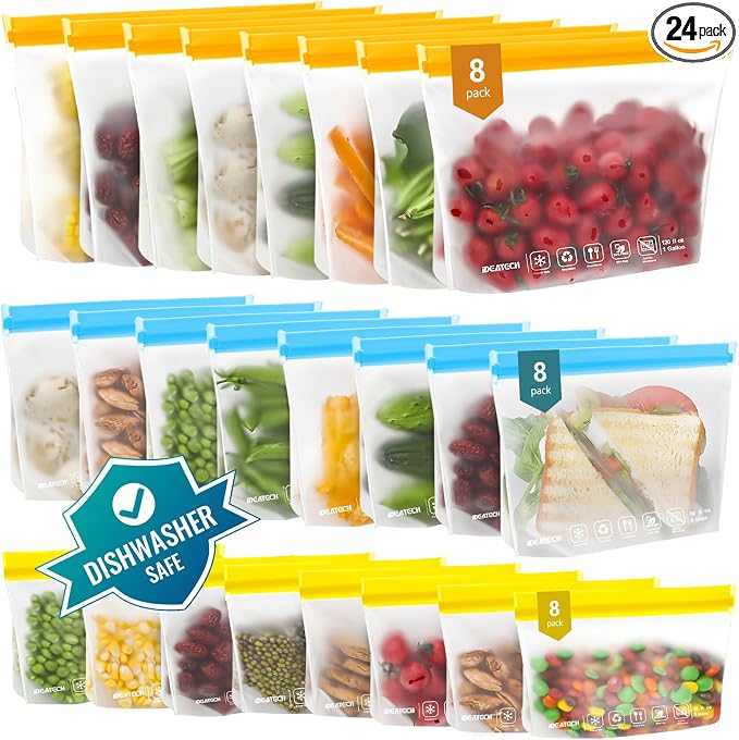 IDEATECH 24Pack Reusable Food Freezer Bags Dishwasher Safe, Leakproof Storage by IDEATECH