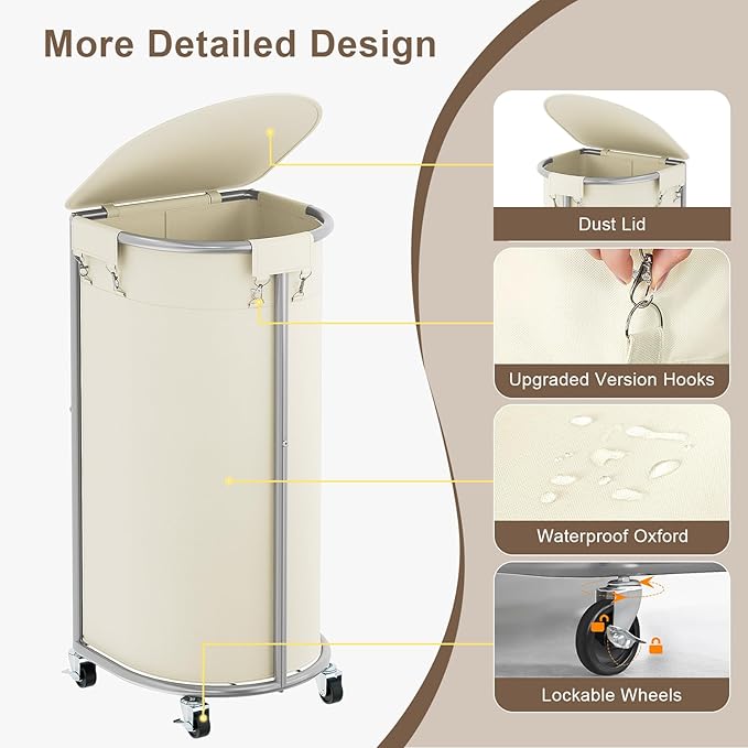 Rolling Laundry Basket with Lid, 100L Laundry Hamper with Wheels, Half Round - Image 5