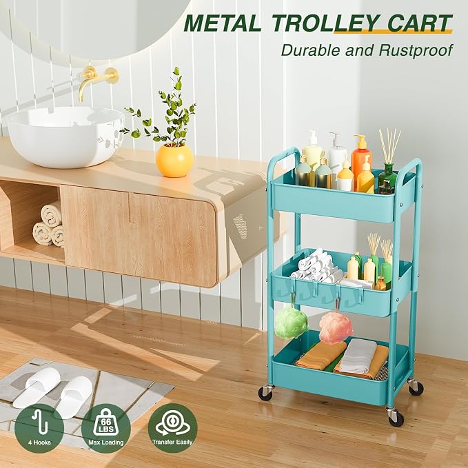 LEHOM 3 Tier Rolling Storage Cart, Metal Trolley Utility Cart - Image 2