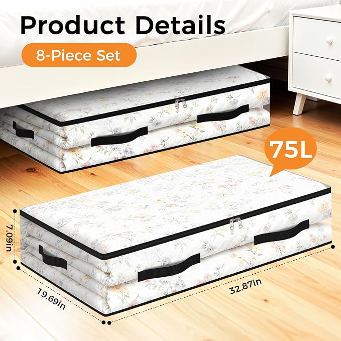 8 Pack Under Bed Storage Bags, 75L Foldable Clear Storage Containers - Image 2