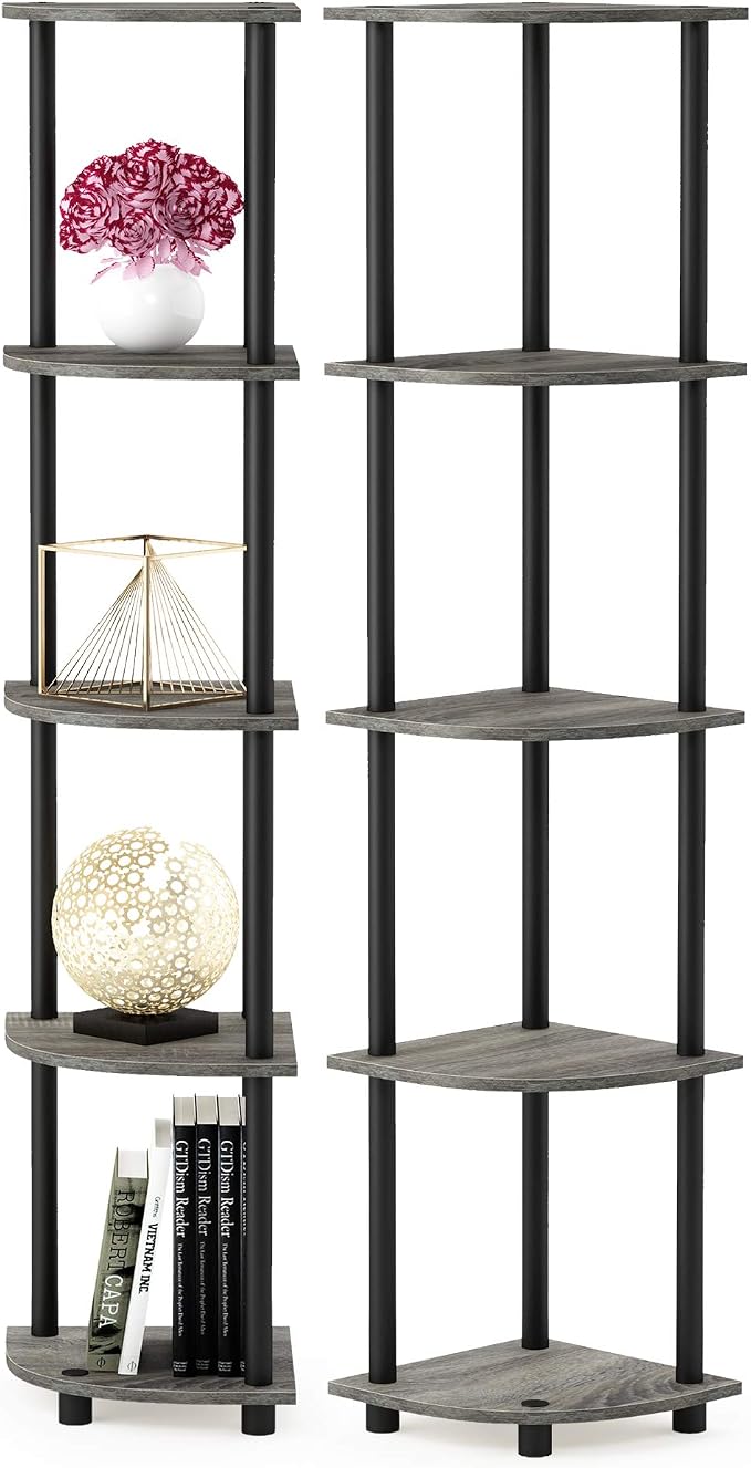 Furinno TURN-N-TUBE Corner Shelf Set of 2, 5-Tier Corner Bookshelf, Open by Furinno-FitsYourSpaceFitsYourBudget
