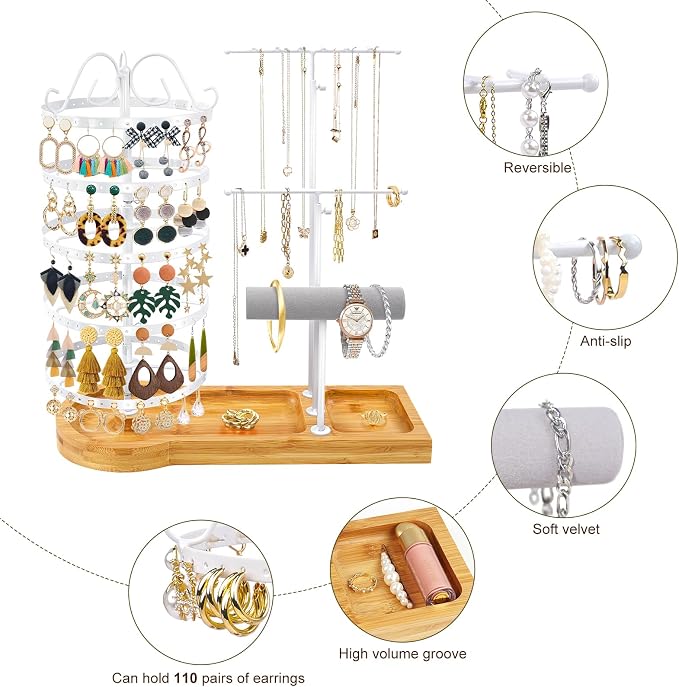 Jewelry Organizer Stand with Bamboo Base, Metal Rotating Earring Holder - Image 4