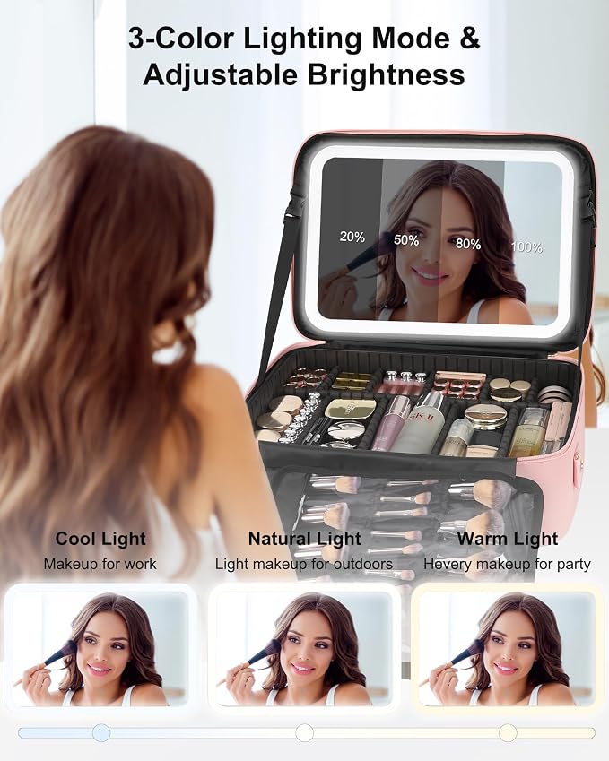 Relavel Large Makeup Case with LED Mirror, Train Cosmetic Case with Separate - Image 3
