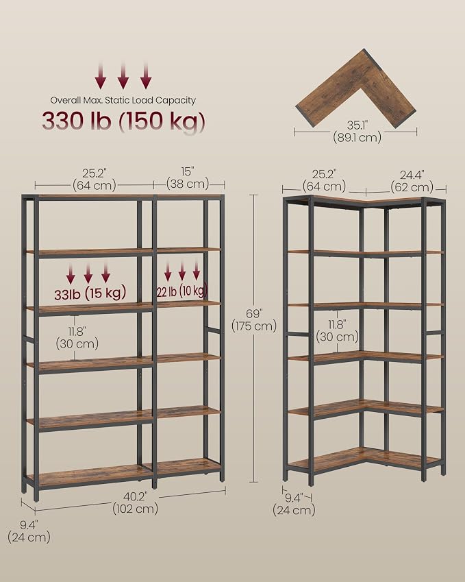 VASAGLE 6 Tier Bookshelf with Metal Frame, Convertible Industrial Corner Shelf - Image 3