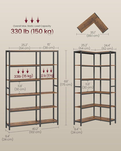 VASAGLE 6 Tier Bookshelf with Metal Frame, Convertible Industrial Corner Shelf - Image 3