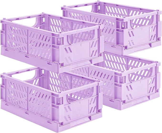 4-Pack Small Pastel Plastic Storage Baskets, Collapsible Crates by HUUSMOT