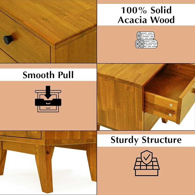 Acacia Silvia Nightstand with 2 Drawers, Solid Wood Bedside Table, Table with - Image 3