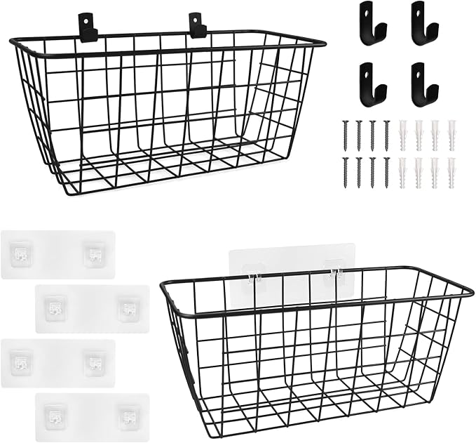 Wire Hanging Wall Basket, 2 Black Metal Baskets, Adhesive Cabinet Organizer | - Image 8