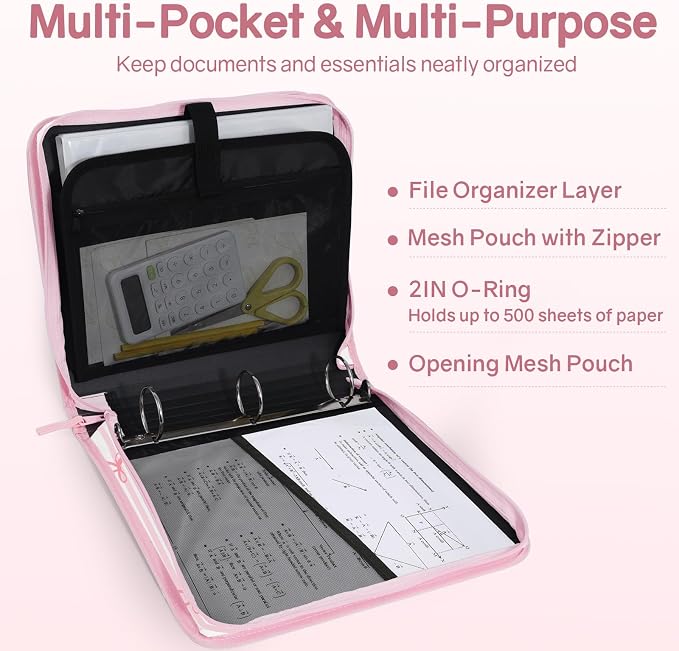 SUNEE Zippered Binder Bag with Handle, 2-Inch 3-Ring O-Ring, 500-Sheet Capacity - Image 3