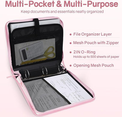 SUNEE Zippered Binder Bag with Handle, 2-Inch 3-Ring O-Ring, 500-Sheet Capacity - Image 3