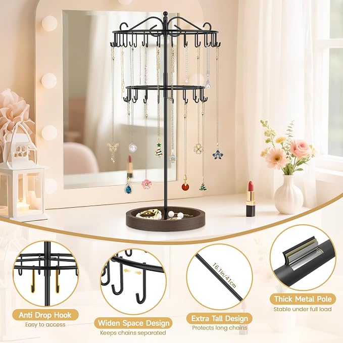 MODOWEY Rotating Necklace Holder Stand Organizer, 2 Tier Adjustable Extra Tall - Image 5
