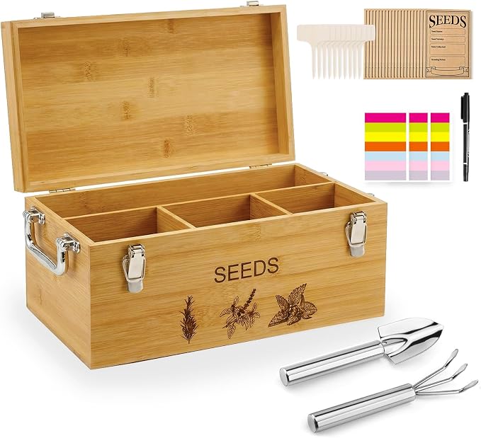 Natural Bamboo Seed Storage Organizer Box – Large Seeds Saver Kit Included by CleanKitchensHappyCooks