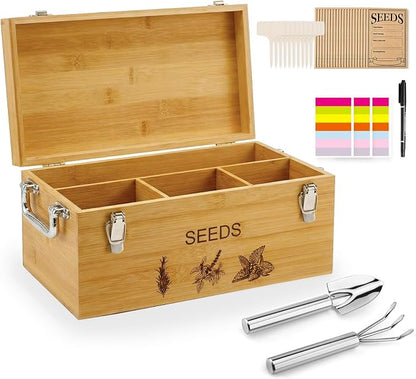 Natural Bamboo Seed Storage Organizer Box – Large Seeds Saver Kit Included by CleanKitchensHappyCooks