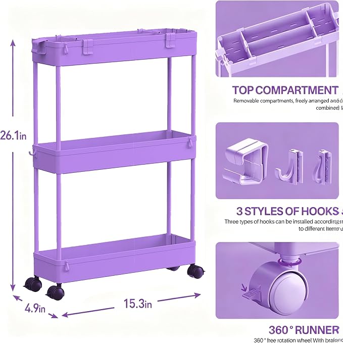 SPACELEAD Slim Storage Cart 3 Tier, Bathroom Organizer Rolling Utility - Image 3