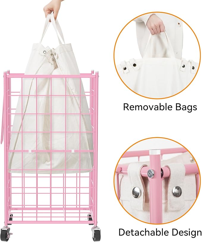 WOWLIVE Laundry Hamper with Wheels, Metal Wire Frame Rolling Laundry Basket - Image 6
