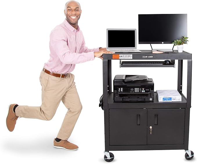Line Leader Large AV Cart with Locking Cabinet | Height Adjustable Utility Cart - Image 8