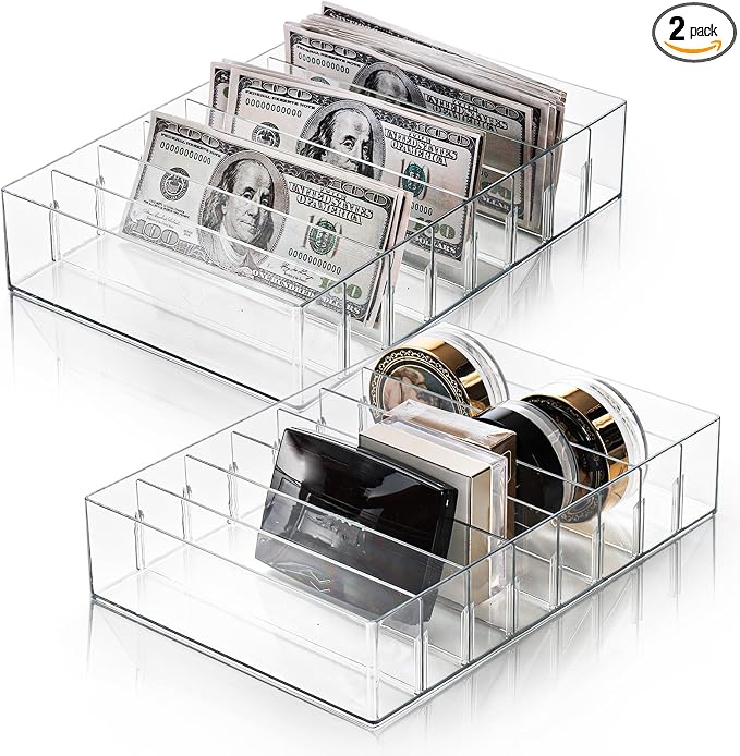 Covzoe 2 Pack Clear Cash Organizer Tray, 8 Adjustable Compartments Plastic Bill by Covzoe